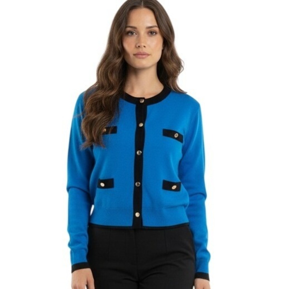 Vintage Lord & Taylor L Cardigan Wool Blend Aqua Black Trim L Made in Italy